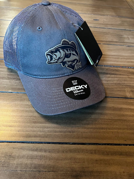 Charcoal low profile trucker hat with bass patch